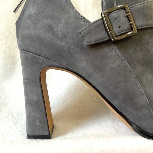 Gray Suede Sculpted Block Heel Booties | Pointed Toe | Buckle Detail Sz 10M - Picture 16 of 16